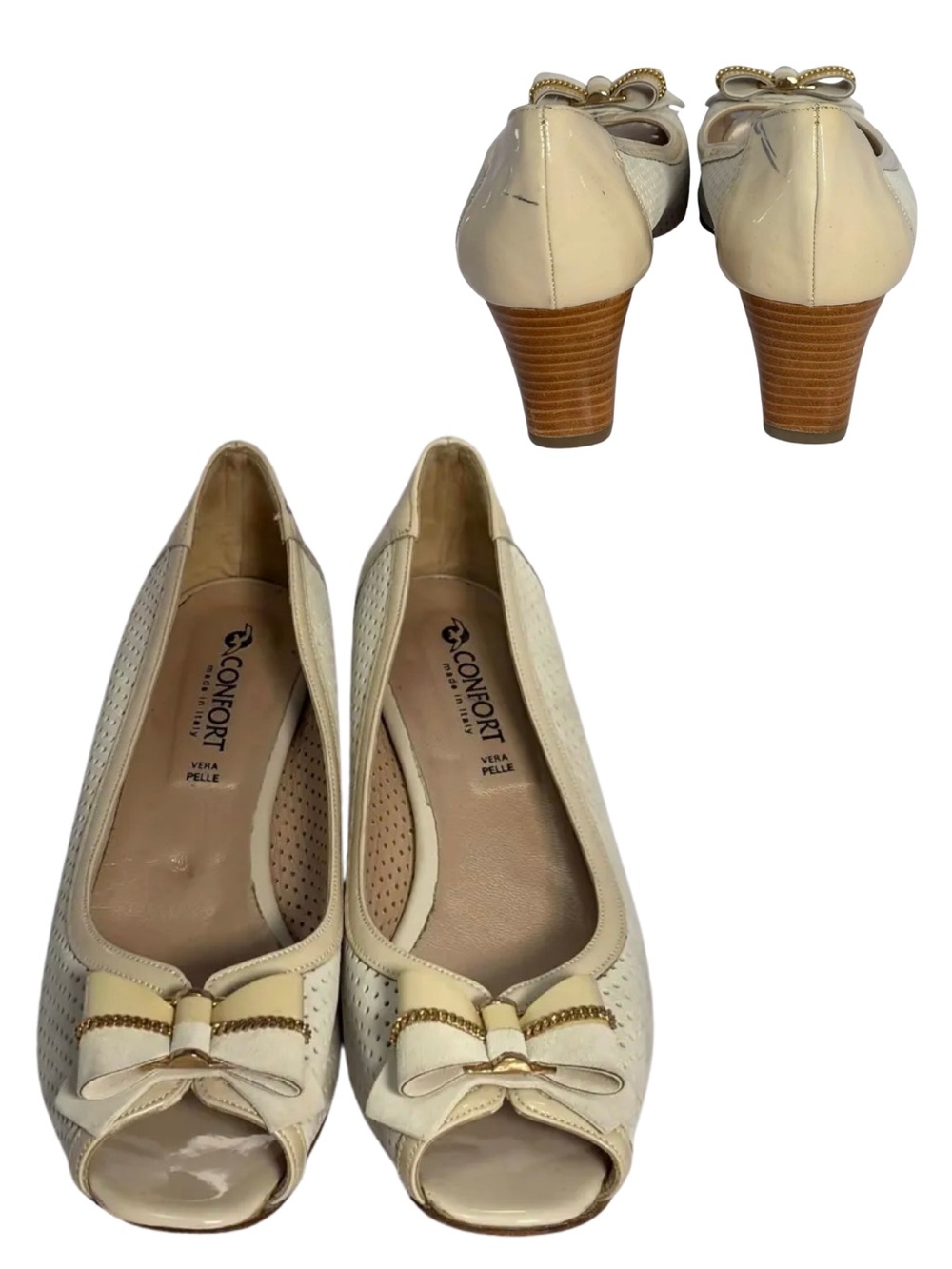CONFORT | Peep-Toe Low Heel Pumps in Cream with Bow | Size 40 / 9.5